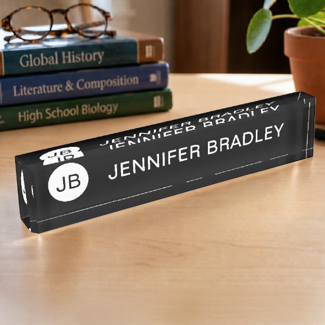 Simple Black White Monogram Custom Name Nameplate