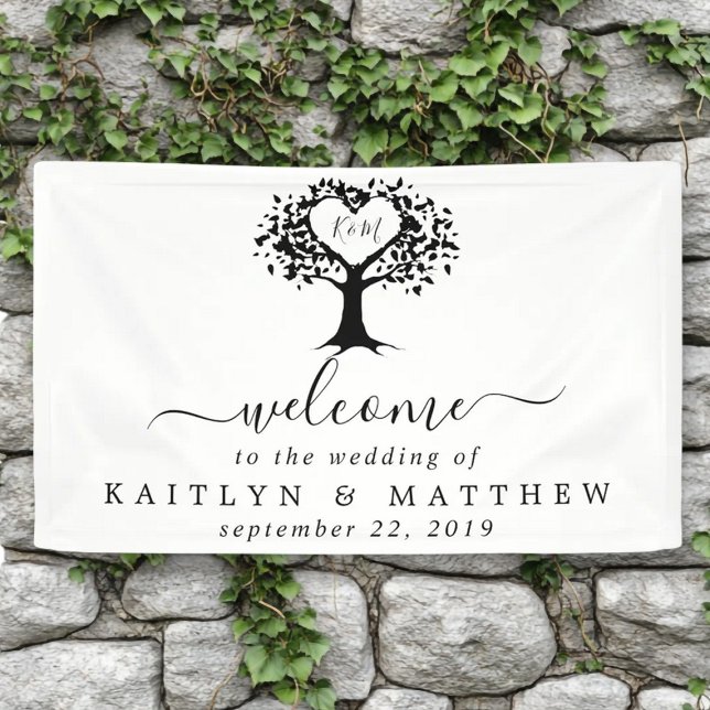 Simple Black & White Monogram Heart Tree Wedding Banner (Creator Uploaded)