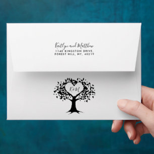 Simple Black & White Monogram Heart Tree Wedding Envelope