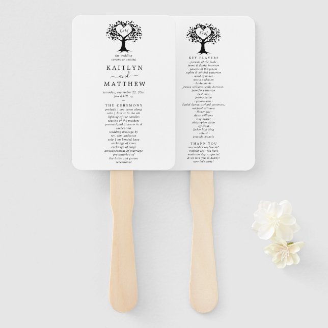 Simple Black & White Monogram Heart Tree Wedding Hand Fan (Front and Back)
