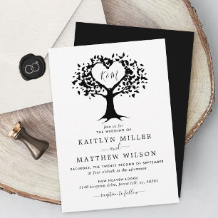 Simple Black & White Monogram Heart Tree Wedding Invitation