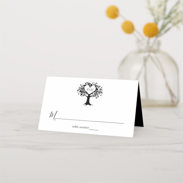 Simple Black & White Monogram Heart Tree Wedding Place Card (Front)
