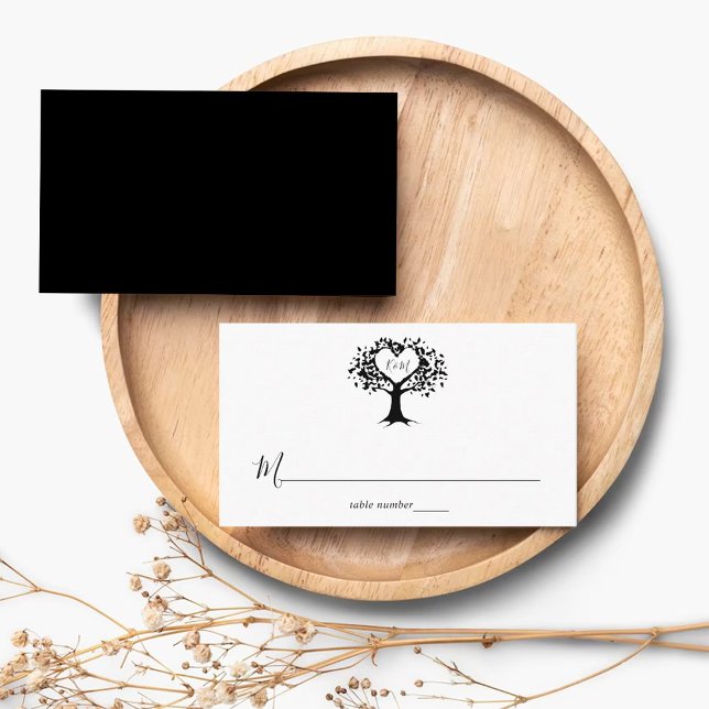 Simple Black & White Monogram Heart Tree Wedding Place Card (Creator Uploaded)