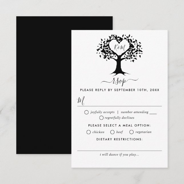 Simple Black & White Monogram Heart Tree Wedding RSVP Card (Front/Back)