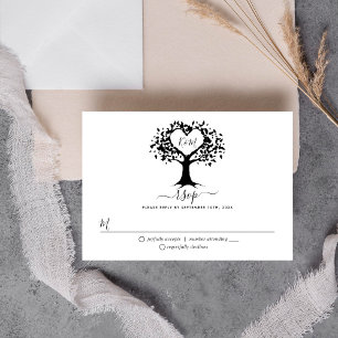 Simple Black & White Monogram Heart Tree Wedding RSVP Card