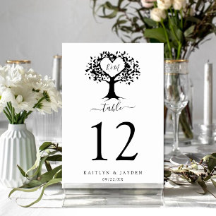 Simple Black & White Monogram Heart Tree Wedding Table Number