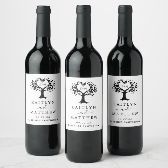 Simple Black & White Monogram Heart Tree Wedding Wine Label (Bottles)