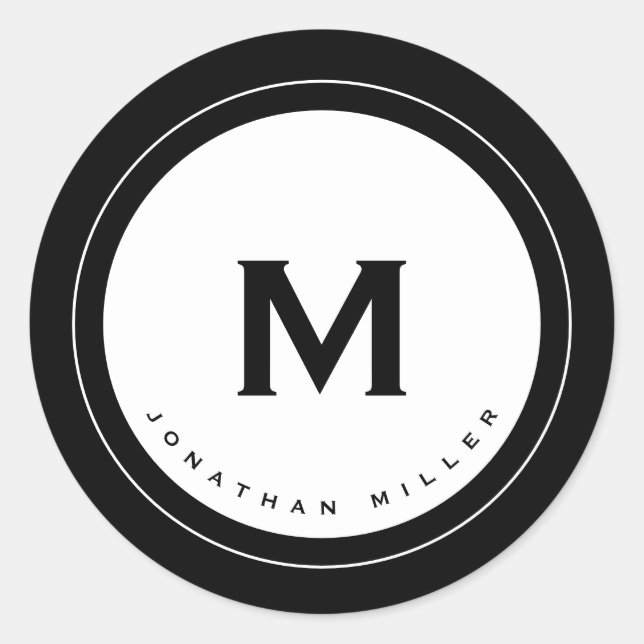 Simple Black & White Monogram Initial & Name Classic Round Sticker (Front)