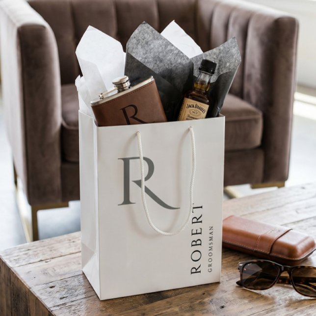 Simple Black White Monogram Personalised Groomsmen Medium Gift Bag (Creator Uploaded)