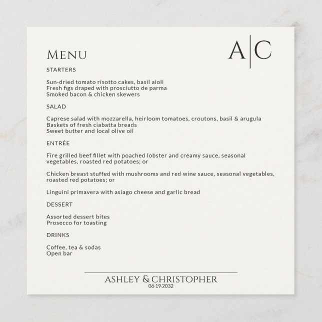 Simple Black & White Monogram Wedding Reception Menu (Front)
