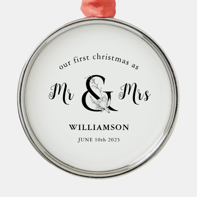 Simple Black & white Mr & Mrs 1st Christmas  Metal Tree Decoration (Front)