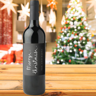 Simple Black White Name Minimalist Merry Christmas Wine Label