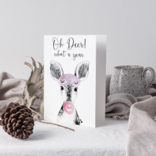 Simple Black & White Oh Deer What A Year Quote Holiday Card