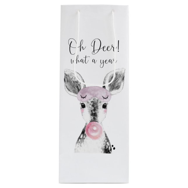 Simple Black & White Oh Deer What A Year Quote Wine Gift Bag (Front)