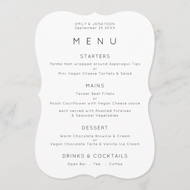 Simple Black White or Any Colour Wedding Menu card (Front)