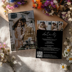 Simple Black White overlay all in one wedding Invitation