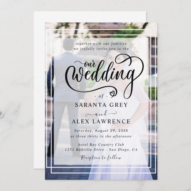 Simple Black & White Overlay Photo Wedding  Invitation (Front/Back)