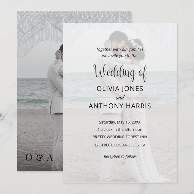 Simple Black & White Overlay Photo Wedding Invitation (Front/Back)
