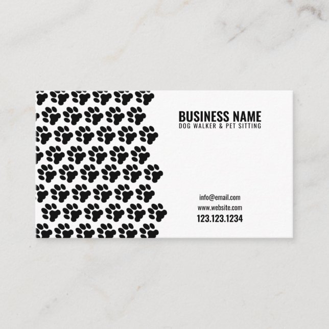 Simple Black & White Pattern Paw Print Dog Walker Business Card (Front)