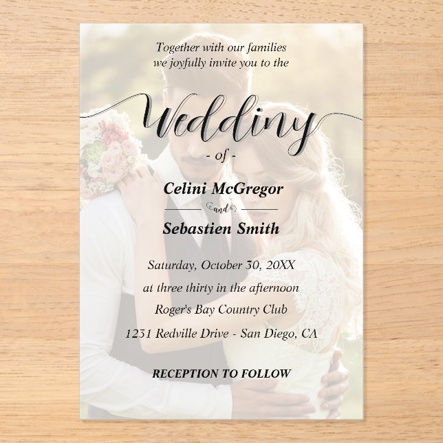 Simple Black & White Photo Overlay Wedding  Acrylic Invitations (Front)