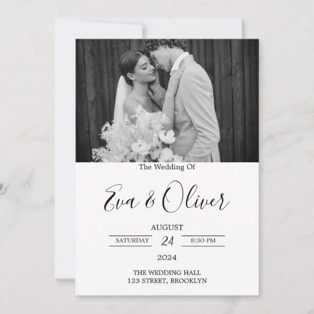 Simple Black & White Photo Wedding Invitation (Front)