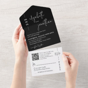 Simple Black White QR Code Classy Script Wedding All In One Invitation