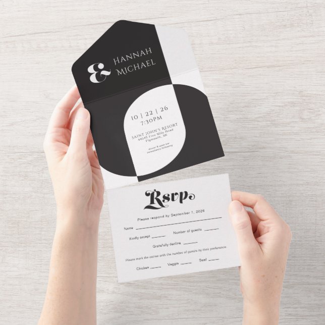 Simple Black White Retro All In One Invitation (Tearaway)