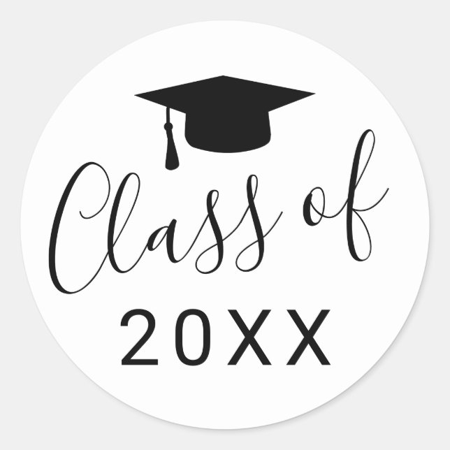 Simple Black White Script Class of Year Graduation Classic Round Sticker (Front)