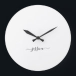 Simple black white script name large clock<br><div class="desc">Modern wall clock with a minimalist white design and a simple hand lettered black script. Personalize with your name.</div>