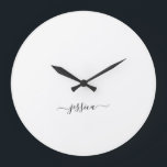 Simple black white script name large clock<br><div class="desc">Modern wall clock with a minimalist white design and a simple hand lettered black script. Personalize with your name.</div>