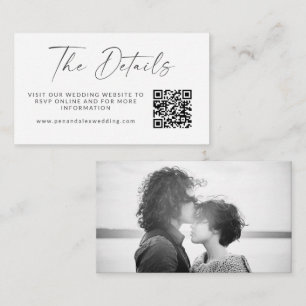 Simple Black White Script Photo Wedding QR Code Enclosure Card