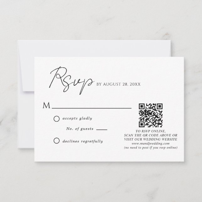 Simple Black White Script QR Code Wedding RSVP Card (Front)