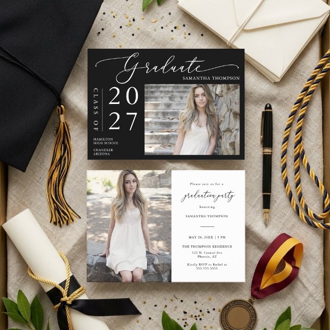 Simple Black White Script School Graduation Photo Invitation (Creator Uploaded)
