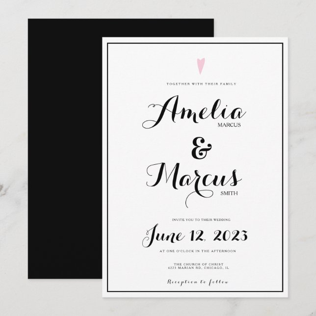 Simple Black White Script Typography Heart Wedding Invitation (Front/Back)
