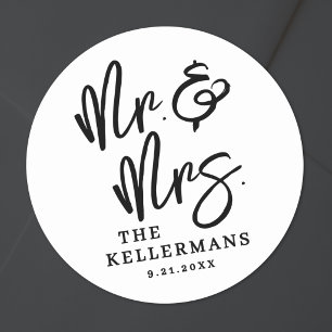 Simple Black White Script Wedding Classic Round Sticker