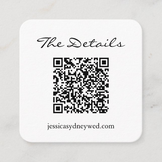 Simple Black White Script Wedding Details QR Code Enclosure Card (Front)
