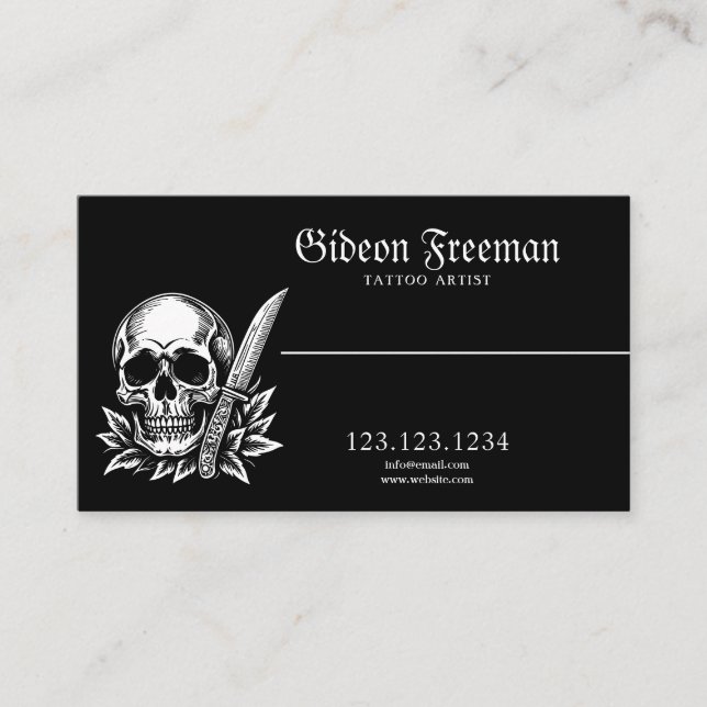 Simple Black & White Skull Knife Tattoo Artist Business Card (Front)