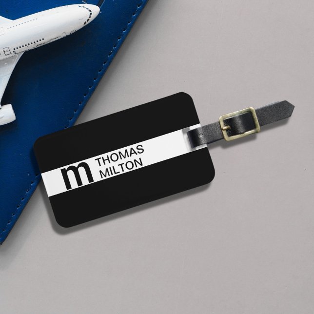Simple Black White Stripe Bold Monogram Luggage Tag (Creator Uploaded)
