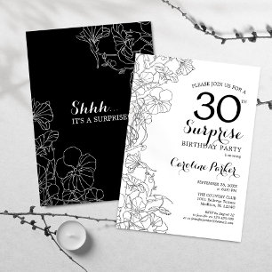 Simple Black White Surprise 30th Birthday Party Invitation
