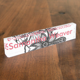 Simple Black & White Tangle Flowers Nameplate