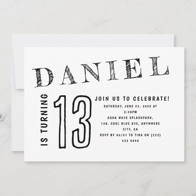 Simple Black White Teenager Teen Boy Birthday Invitation (Front)