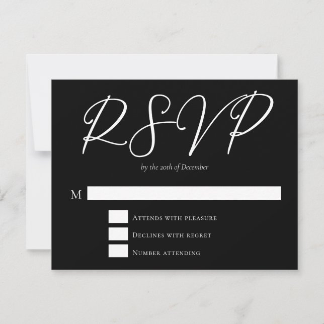 Simple Black White Typography Chic Winter Wedding RSVP Card (Front)