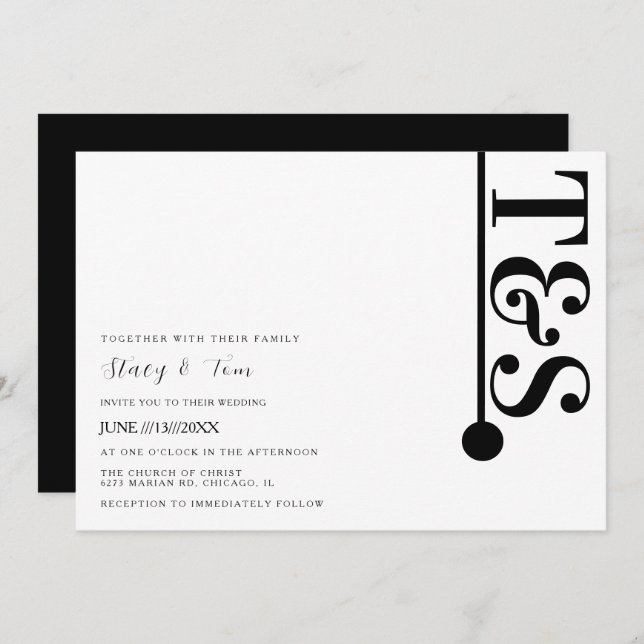Simple Black White Typography Line Logo Wedding  Invitation (Front/Back)