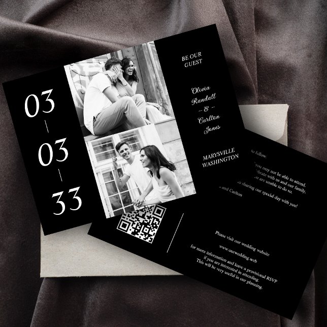 Simple Black & White Ultra Modern 2 Photos Collage Save The Date (Simple Black & White Ultra Modern 2 Photos Collage Wedding Save the Date Card with Envelope.)