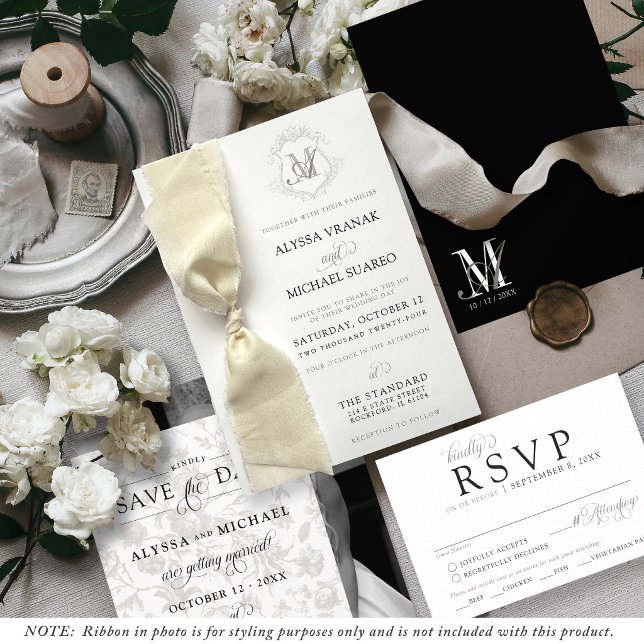 Simple Black & White Vintage Crest Ribbon Wedding Invitation (Modern vintage flowers monogram logo wedding invitation suite, black & white theme, just add ribbon)