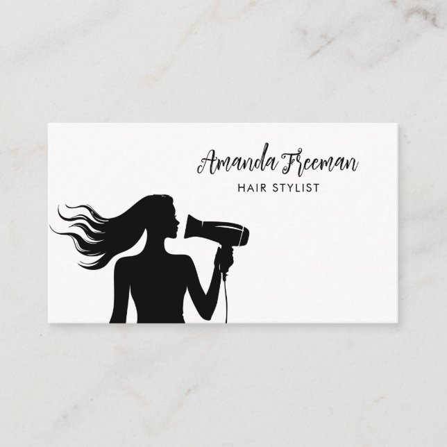 Simple Black & White Woman Silhouette Hairdresser Business Card (Front)