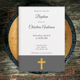 Simple, Black with a Gold Cross Baptism Invitation