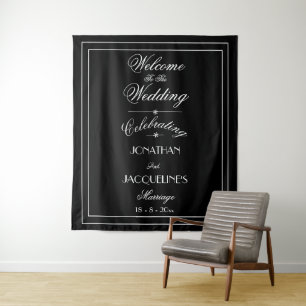 Simple Black with Elegant White Script Wedding Tapestry