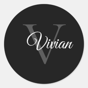 Simple Black With Grey Monogram And White Name Classic Round Sticker