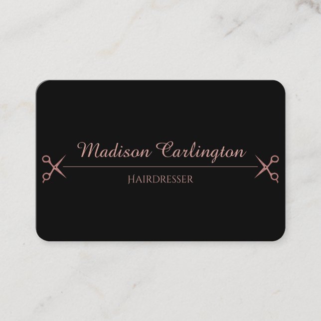 Simple Black With Rose Gold Scissors Business Card (Front)